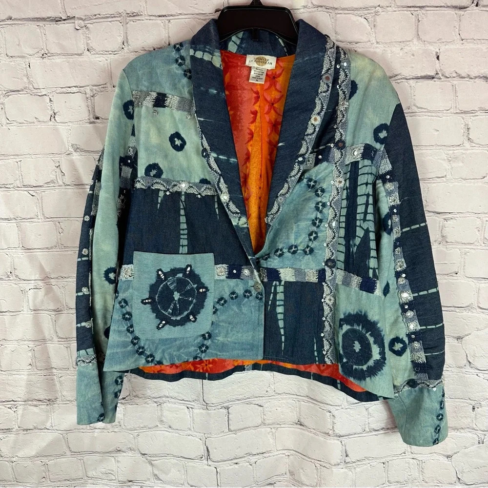 vintage sandy starkman embellished patchwork denim jacket boho cottage sz med